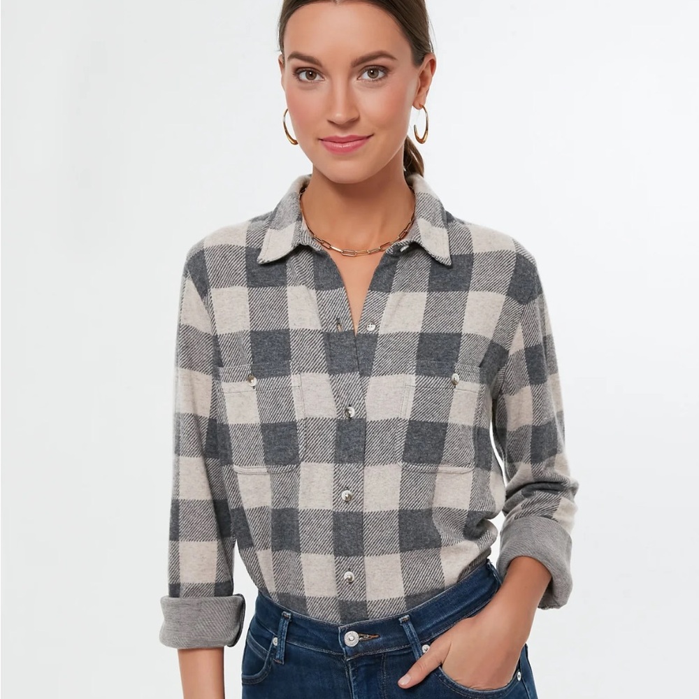 Faherty Gray and Cream Plaid Women's Top